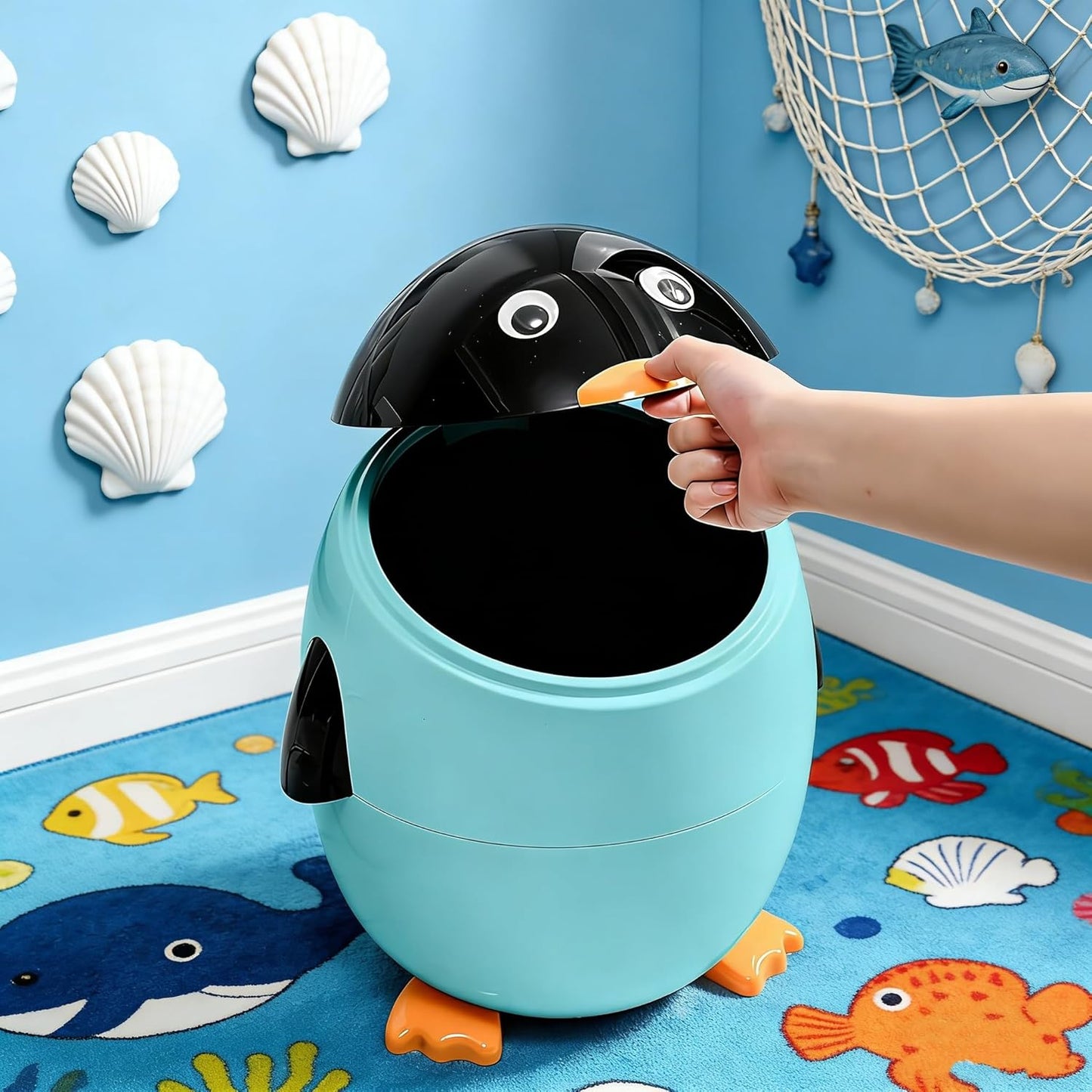 URALFA Penguin Trash Can, 3.2 Gallon Cute Trash Can, Animal Themed Garbage Can with Removable Inner Bucket, Plastic Fun Kids Trash Can for Bedroom, Kids Room, Nursery, Dormitory, Bathroom, Blue