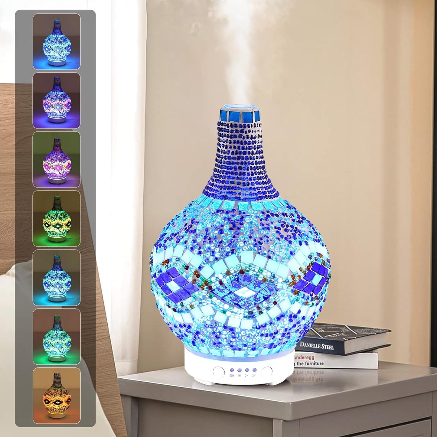 Mosaic Glass Essential Oil Diffuser,Tiffany Aromatherapy Diffuser Sunflower Pattern 100ml Turkish Moroccan Color Changing Aroma Ultrasonic Diffusers Cool Mist Air diffuser for Sleeping SPA Office Home