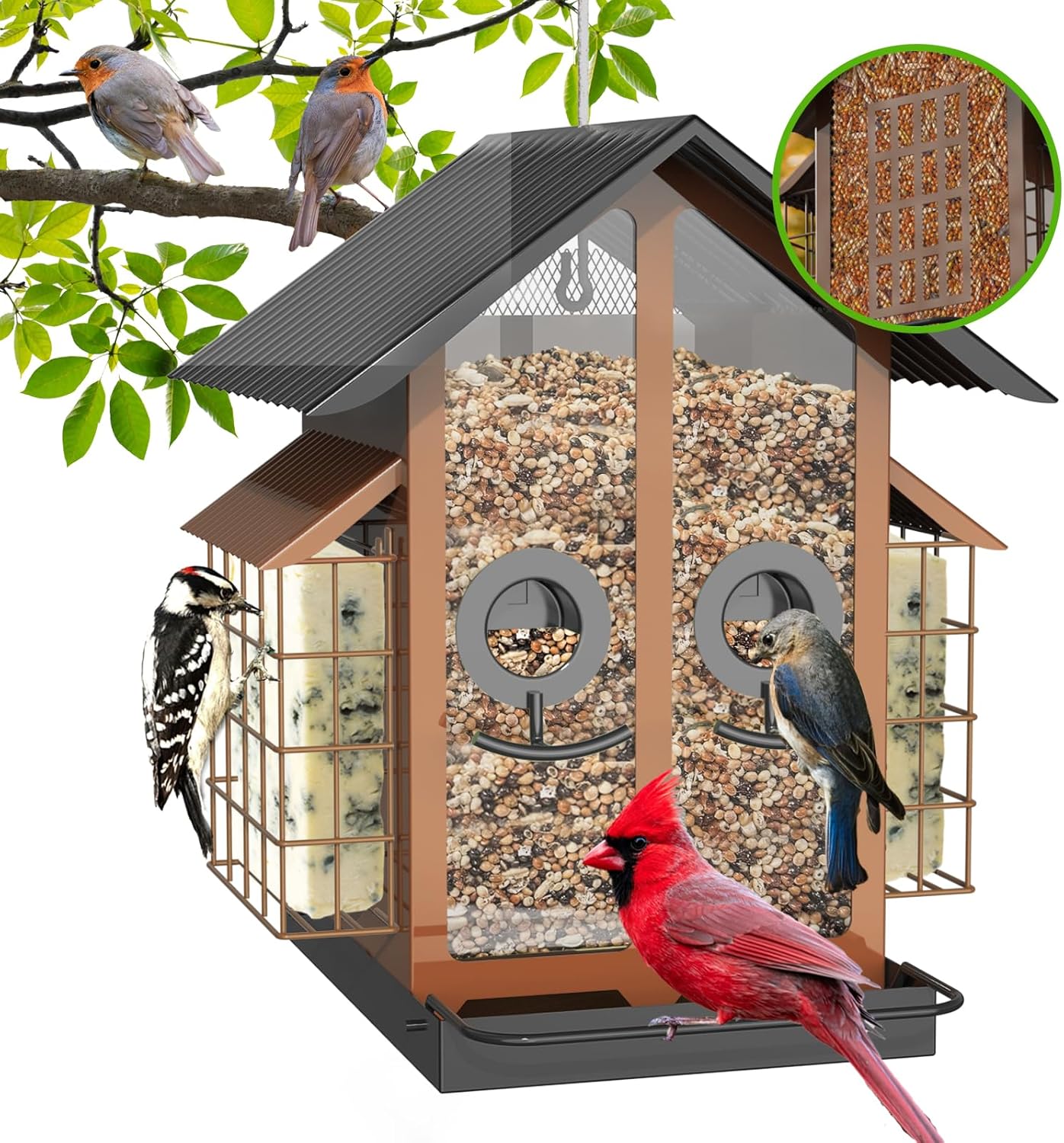 FlowaFoli Bird Feeders for Outdoors, Metal Bird Feeder with Double Suet Cage Weatherproof Metal Roof, 2 in 1 Mixed Seeds Suet Feeder, 4Lbs Large Capacity, Great for Finch、Cardinal、Chickadee(Brown)