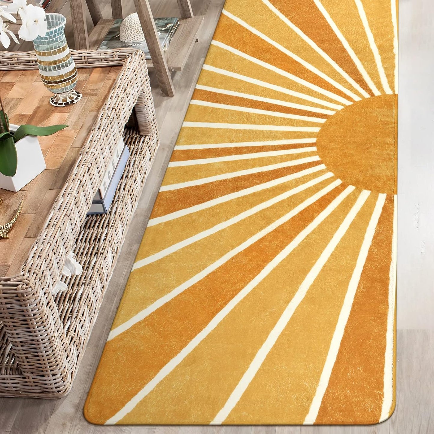 Lahome Boho Round Rugs - 4Ft Washable Non-Slip Small Round Area Rug Throw Soft Sofa Kids Nursery Room Rug Rainbow Sun Print Distressed Round Carpet for Bedroom Entryway Living Room Dining Room