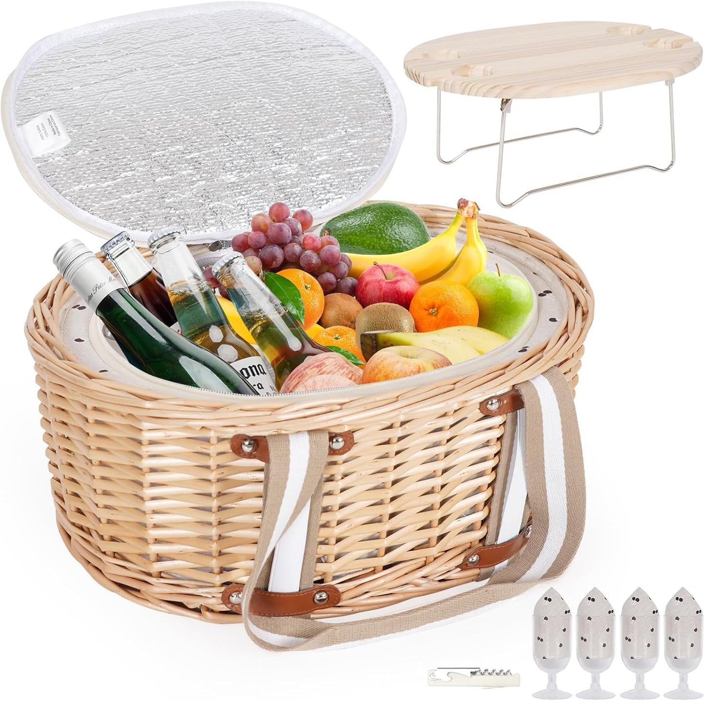 Picnic Basket Set for 4 - Wicker Insulated Picnic Basket with Folding Wine Table, Wine Picnic Kit with Liner for Couples, Camping, Outdoor, Valentine (WhiteFlower)