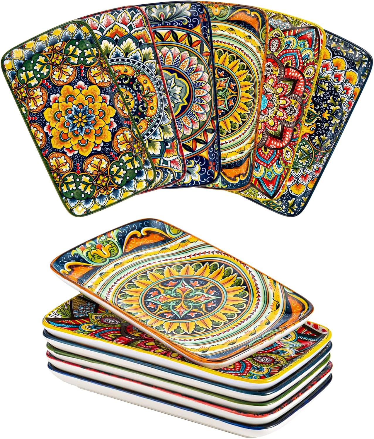 Henten Home Ceramic 8 Inch Salad Plates, Rectangular Salad Plate Set of 6, Bohemian Serving Dishes for Sushi, Appetizer, Cake, Sashimi, Microwave & Dishwasher Safe