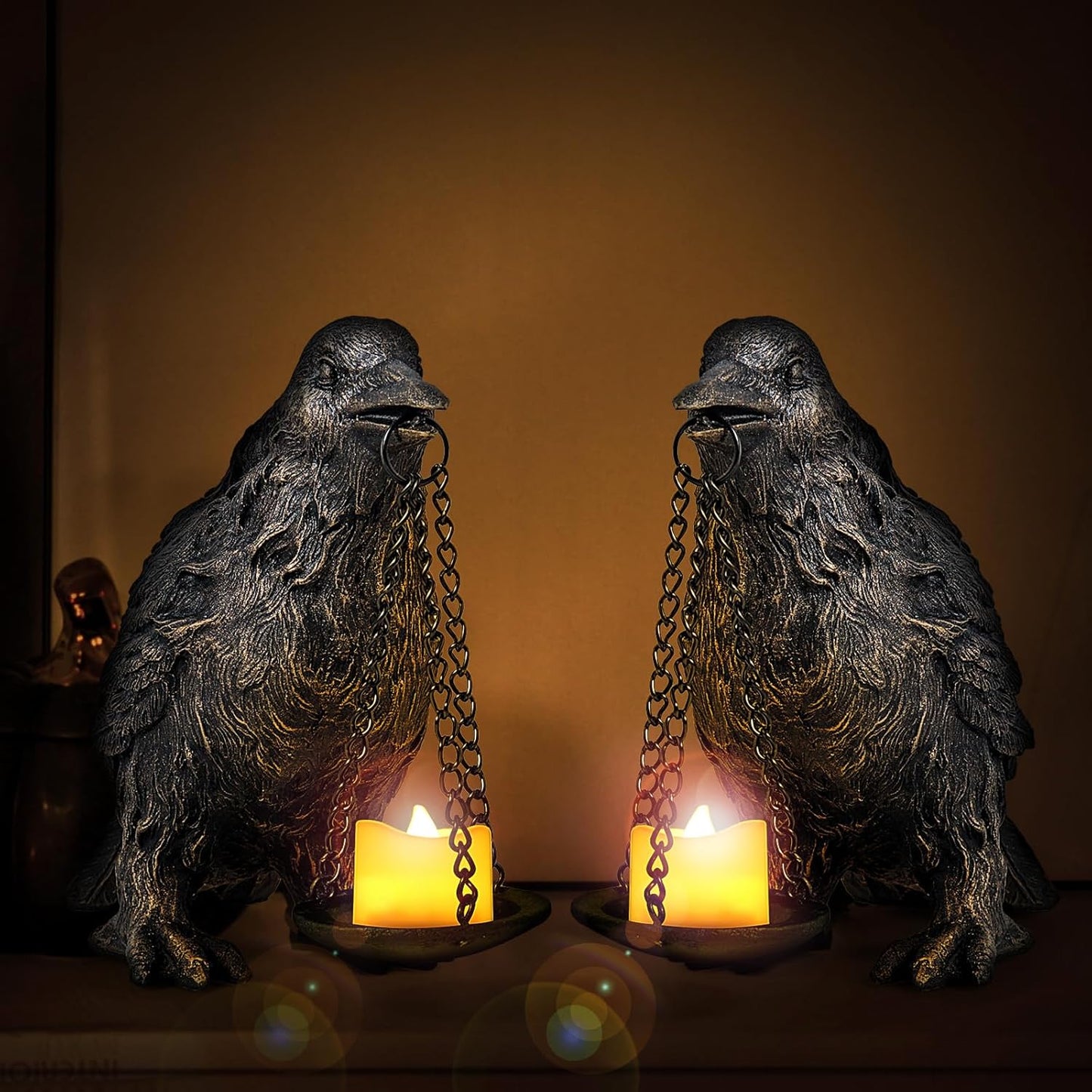 Gothic Crow Lamp with Tealight Candle Holder Resin Raven Decor Statue Gothic Home Decor for Bedroom Unique Goth Gifts Black