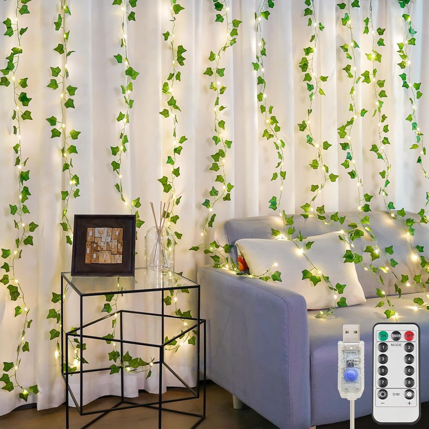 suddus Vines with Light for Bedroom, 200 LED Fairy Lights with Vines, Ivy Curtain Lights for Dorm, Wedding, Party, Wall, Indoor, Outdoor Decor, 6.5ft x 6.5ft
