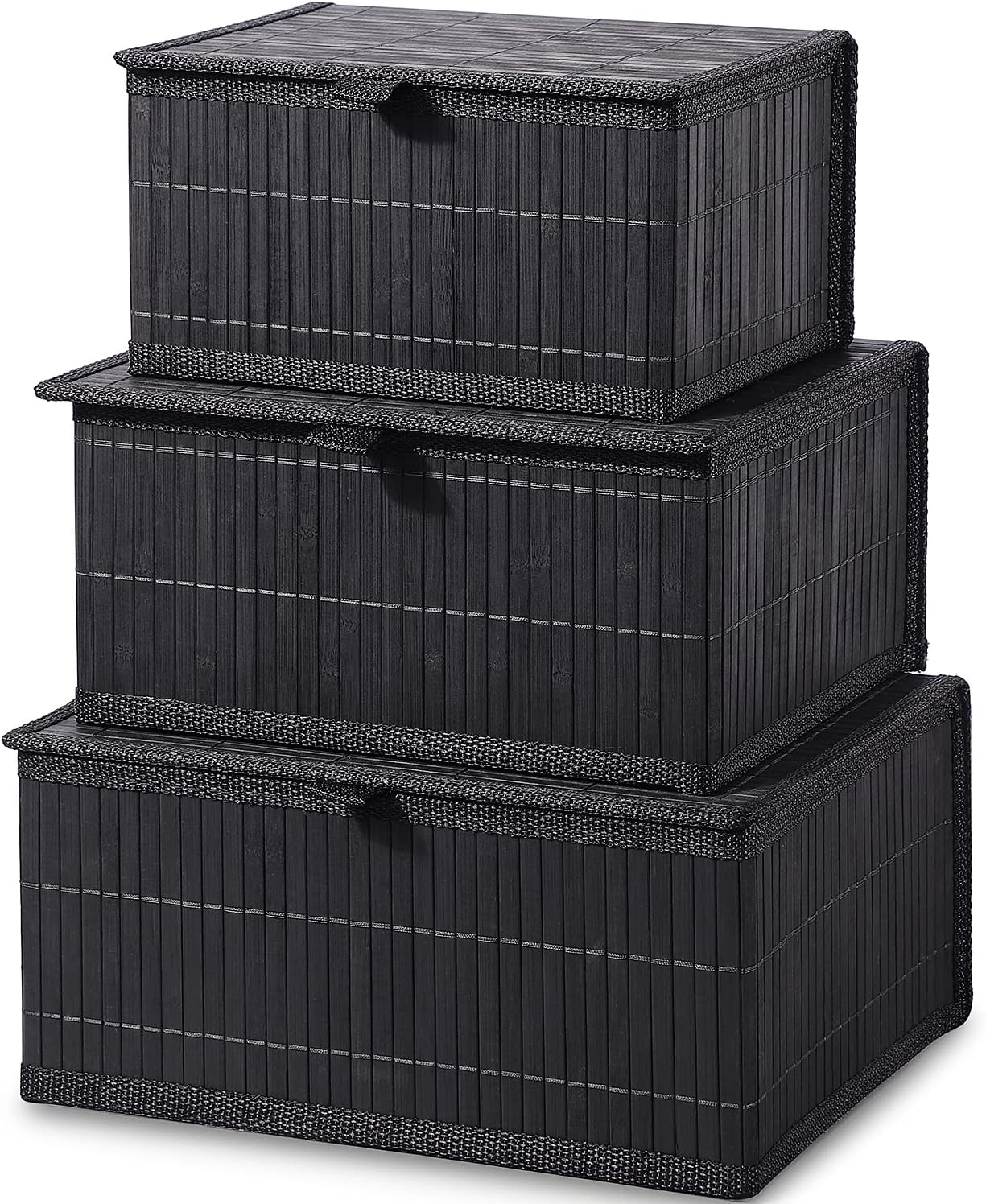 Honygebia Bamboo Decorative Storage Boxes - Set of 3 Woven Lined Storage Basket with Lids, Beige Wicker Lidded Baskets for Home Kitchen Shelf Organizer Decor