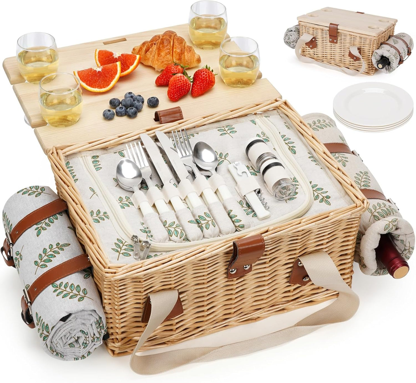 HappyPicnic Picnic Basket for 4, Handmade Wicker Picnic Set with Folding Table and Waterproof Blanket, Large Insulated Picnic Basket with Wine Bag & Cutlery Kit for Picnic, Camping, Holidays (Leaf)