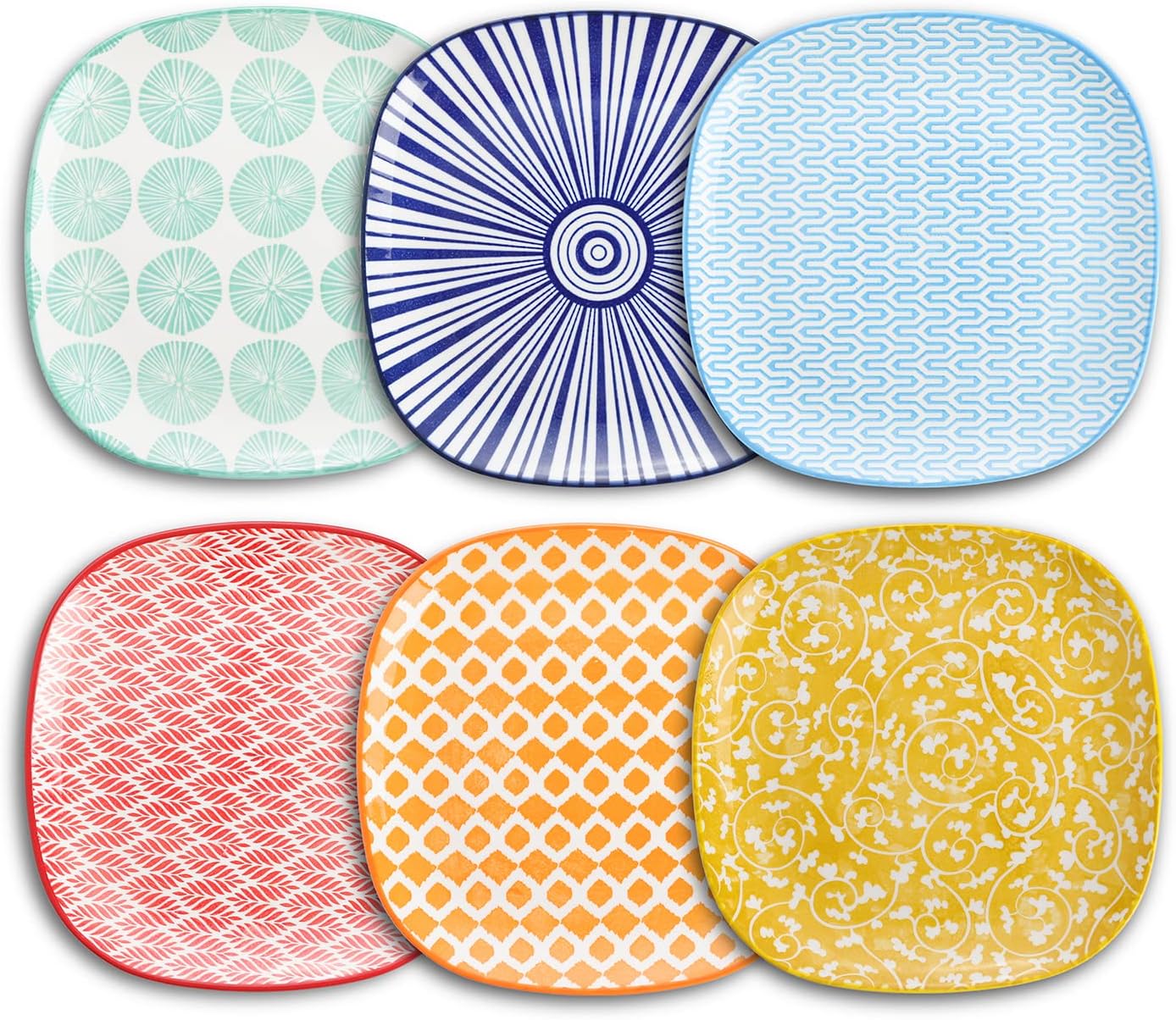 Selamica Porcelain Square Dessert Salad Pasta Plates 7.6 inches ceramic plates set of 6 microwave/dishwasher/oven safe, Vintage Blue