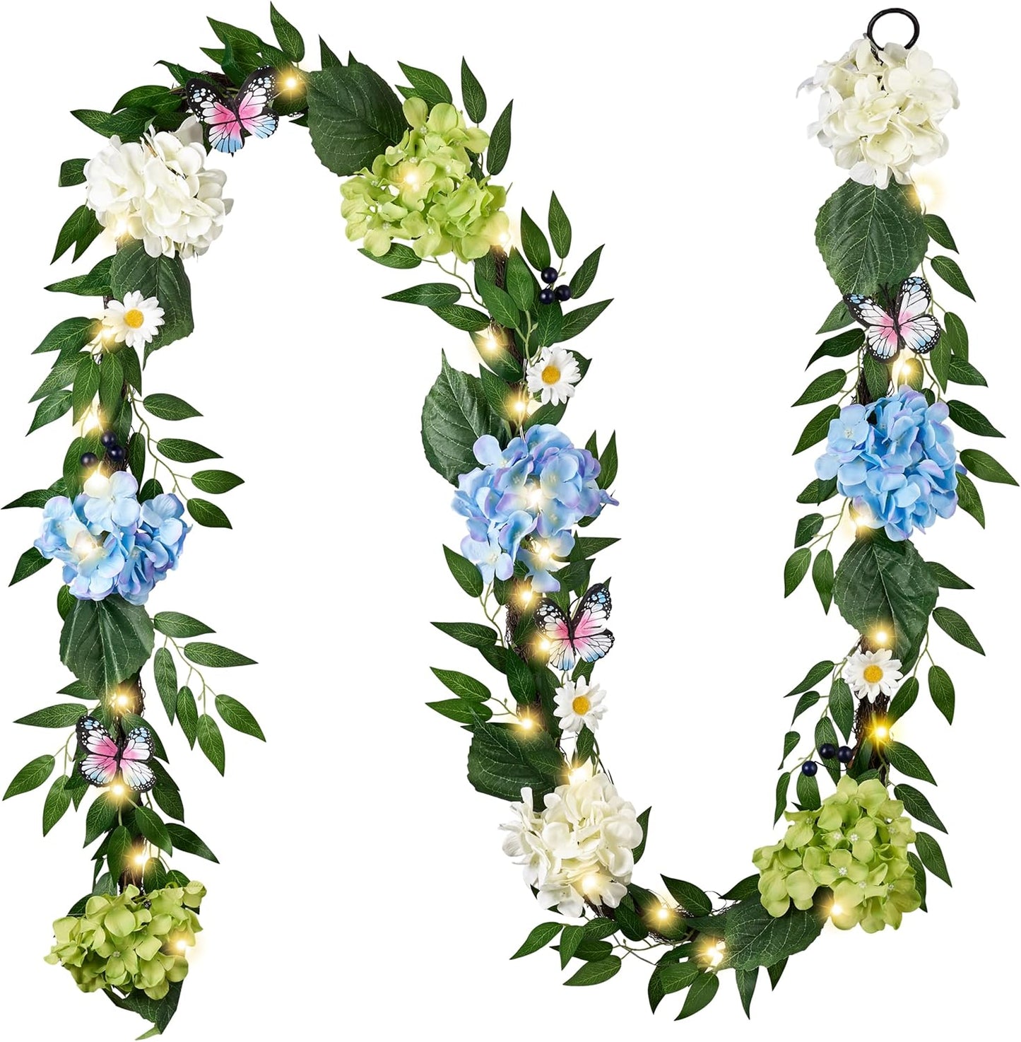 Valery Madelyn 6FT Spring Summer Flower Garland with Lights for Mantle,Blue White Hydrangeas Floral Garland with Eucalyptus Leaves Butterfly for Home Table Centrepiece Stairs Wedding Party Decorations