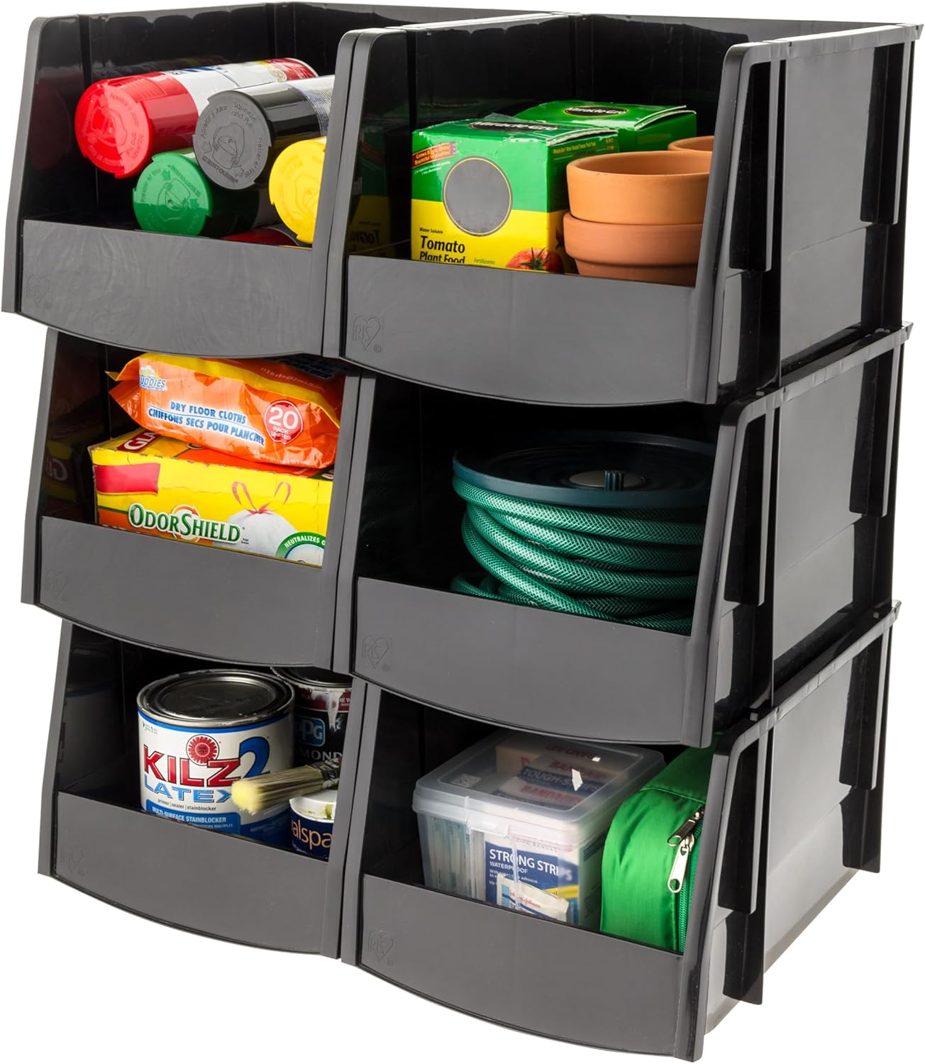 IRIS USA Large Stackable Storage Bins, 8-Pack, 13"L x 6"W x 5"H, |Made in USA|, Plastic Open Front Shelf Bin for Organizing Parts, Hardware, Tools, Supplies, Garage Shelf, Pantry - Black