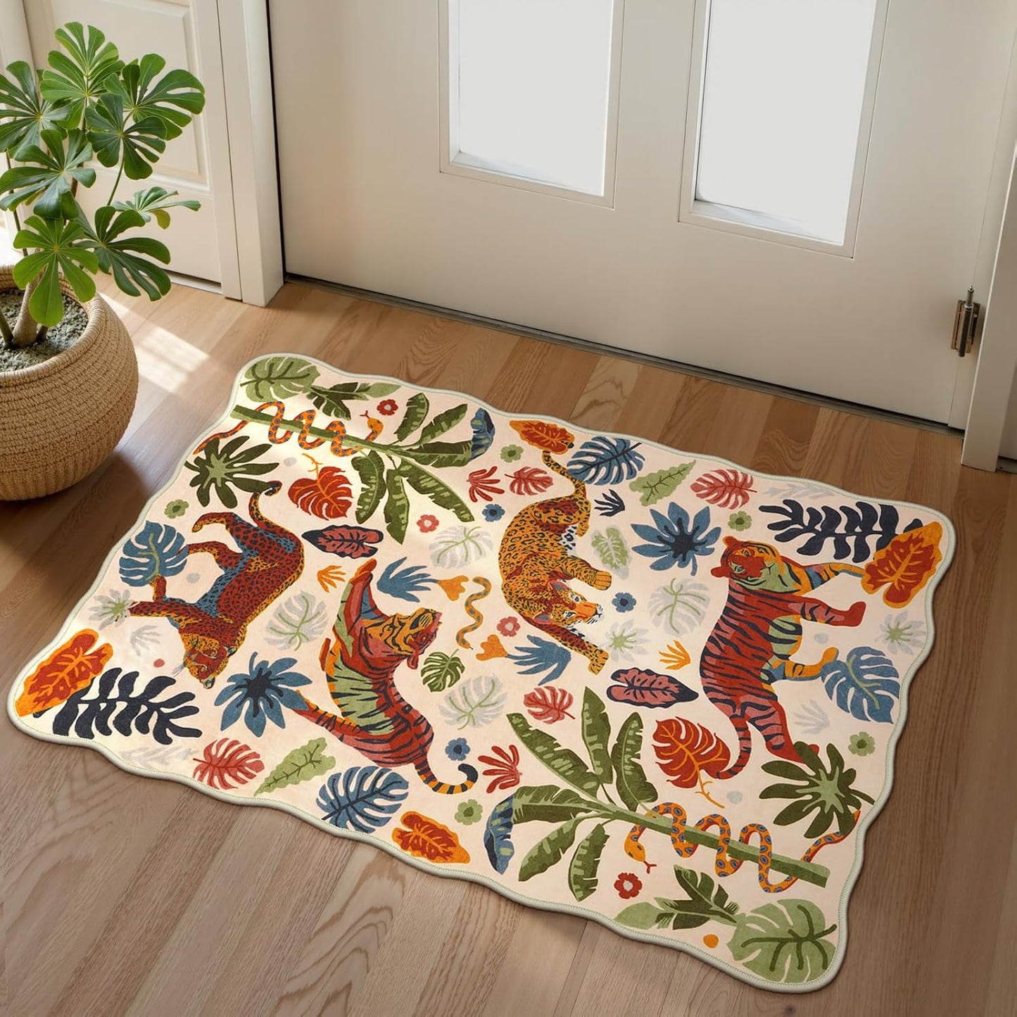 LEEVAN Jungle Animal Nursery Rugs 5x7, Washable Green Tiger Living Room Rugs Non Slip Scalloped Tiger Bedroom Rug, Low Pile Leopard Floor Carpet Leaf Print Kids Rug