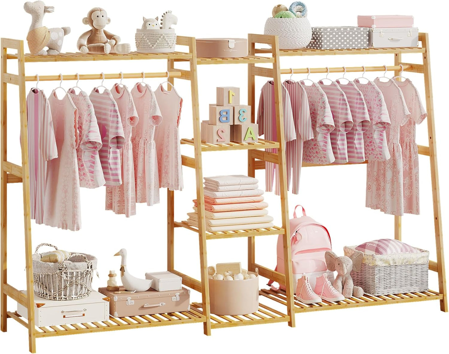 Kids Clothing Rack with Shelves, Bamboo Clothes Garment Rack for Kids Child Baby, Kids Dress Up Storage Rack with Top Shelf, Toddlers Wardrobe Closet for Nursery (Medium Size)