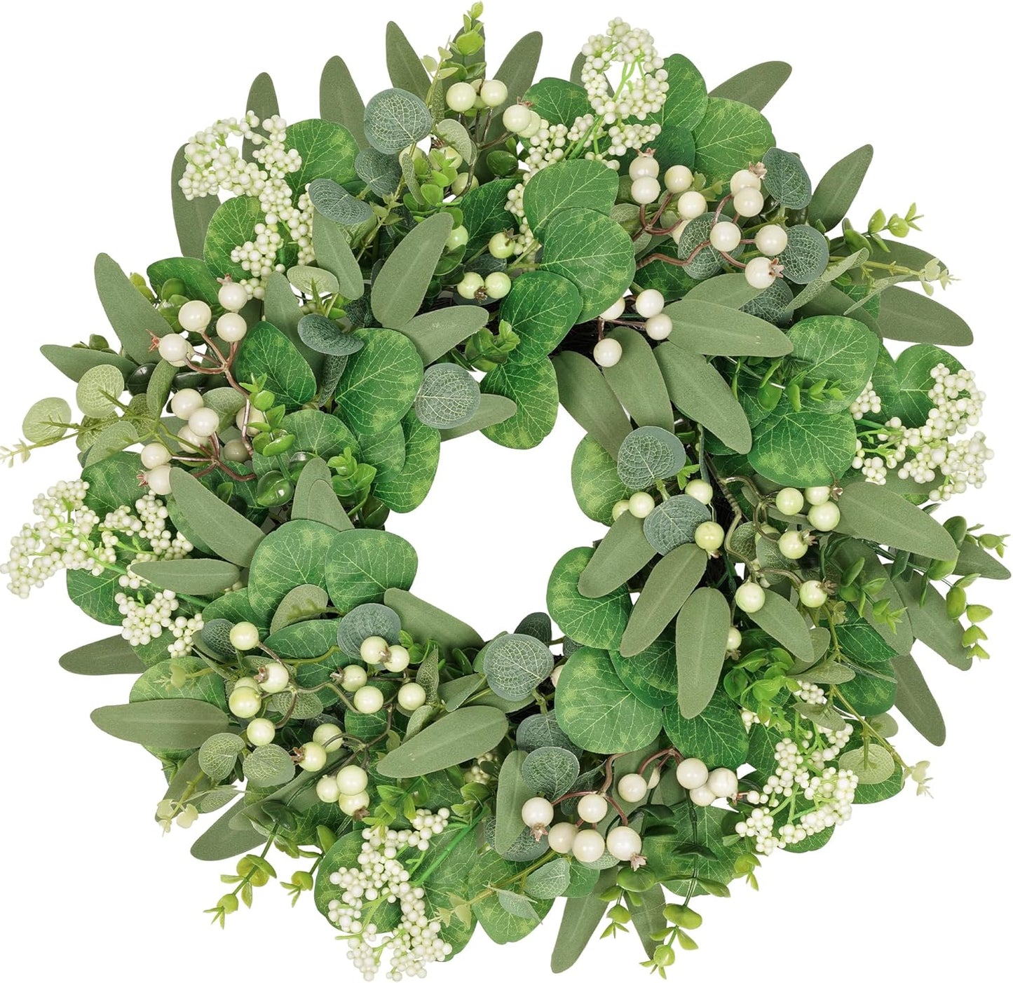 Vlorart Artificial Spring Summer Christmas Greenery Wreaths for Front Door Green Eucalyptus Leaf Wreath Decor Boxwood with Big Berries for Farmhouse Outside Year Round