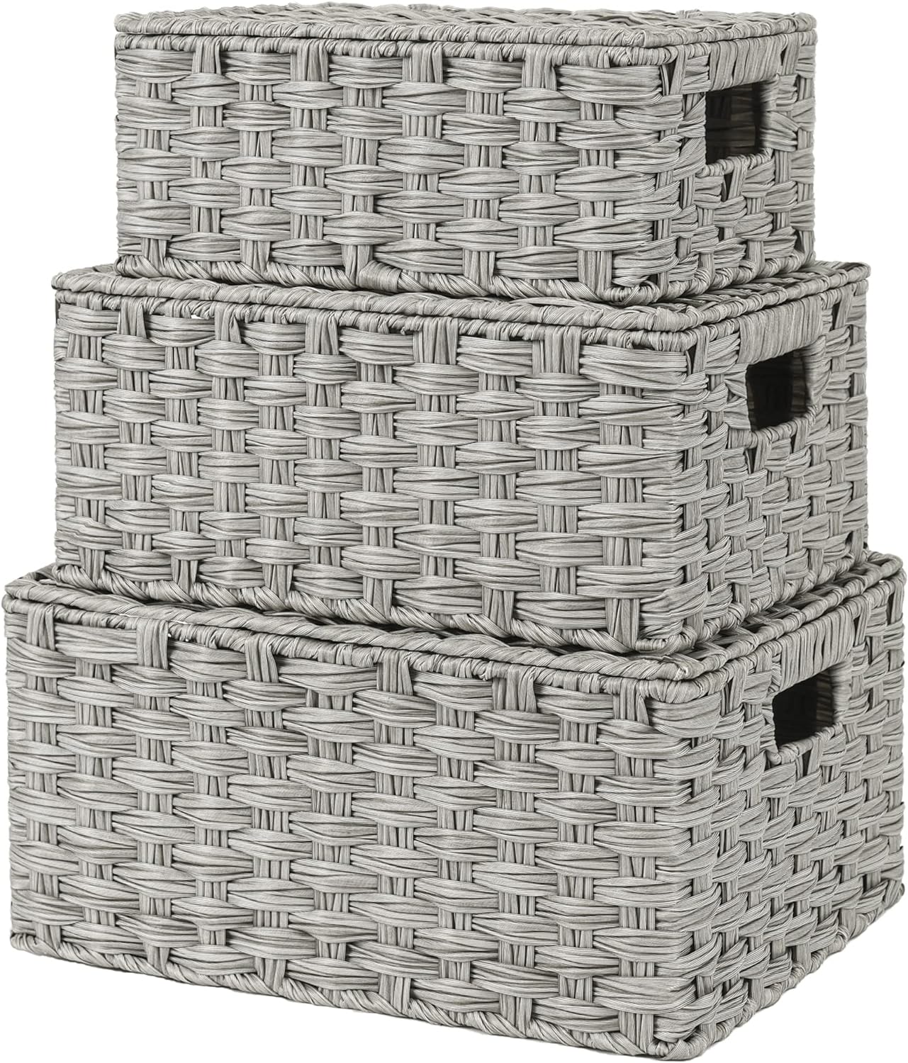 GRANNY SAYS Wicker Storage Baskets with Lids, Set of 3 Decorative Storage Boxes, Baskets for Organizing, Butter Milk, 3-Pack