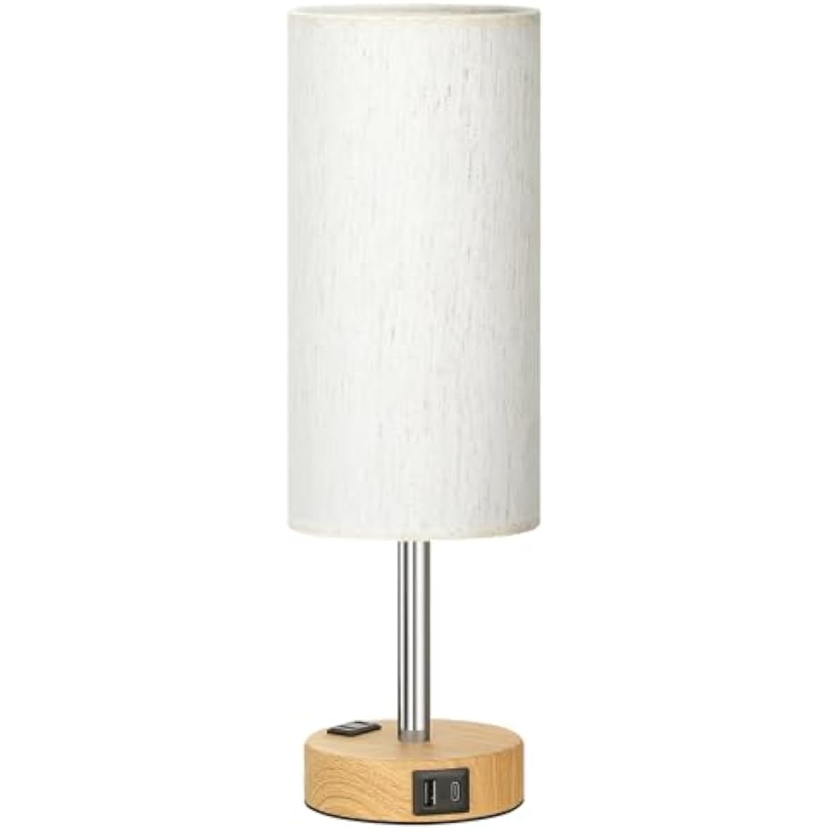 Fenmzee Bedside Table Lamp for Bedroom - 3 Way Dimmable Touch Lamp USB C Charging Ports and AC Outlet, Small Lamp Wood Base Round Flaxen Fabric Shade for Living Room, Desk, LED Bulb Included