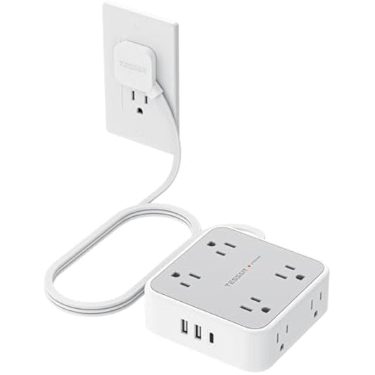 TESSAN Surge Protector Power Strip, 5 Ft Flat Plug Extension Cord with 3 USB (1 USB C) 8 Outlets, 1250W, 900J Protection, 3 Sided Outlet Extender with Power Switch for Office, Dorm Room Essentials