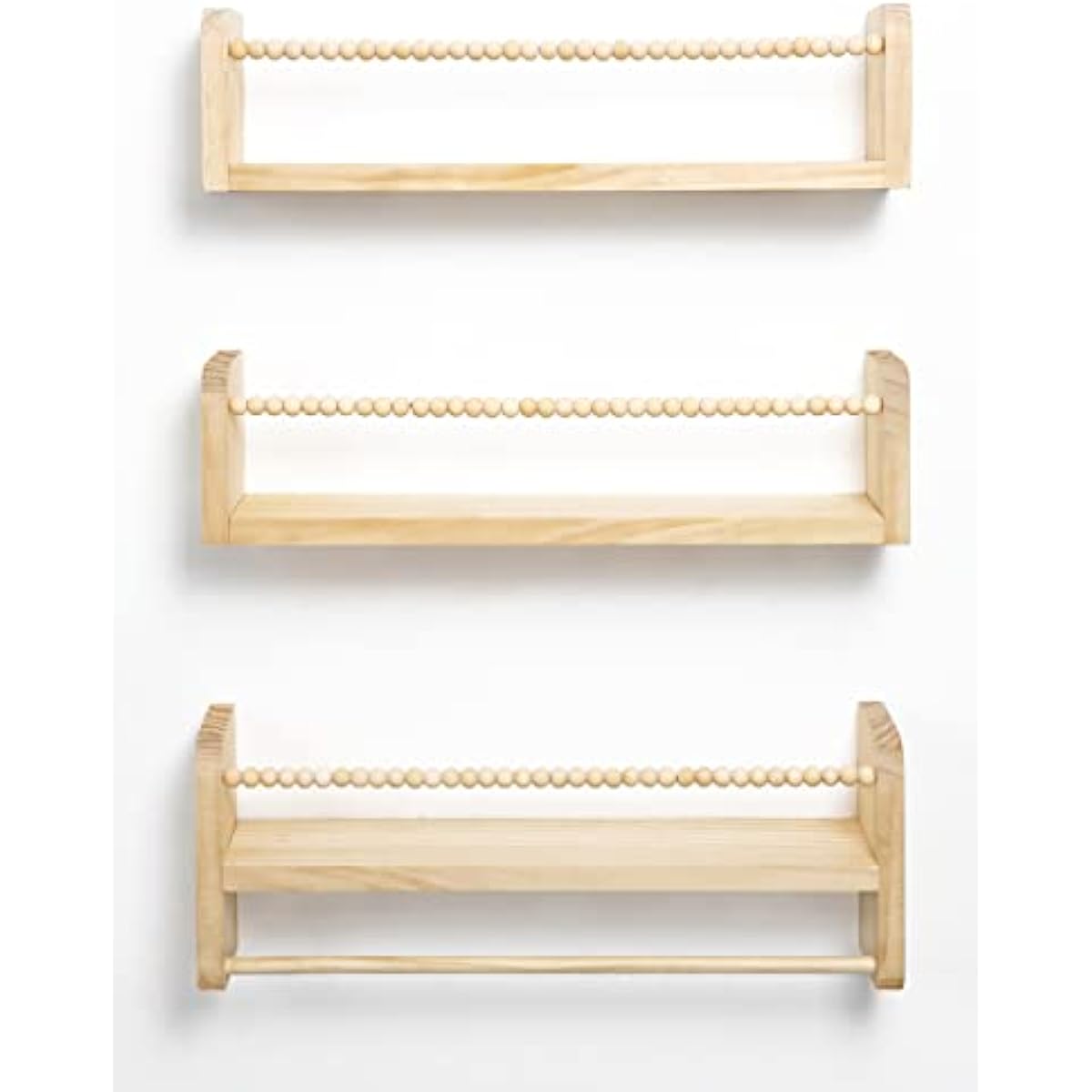 Nursery Floating Shelves for Wall, Set of 3 Book Shelves Natural Wood Wall Mounted Organizer with Towel Bar Hanging Bookshelves Nursery Decor for Kids Room, Bedroom and Kitchen