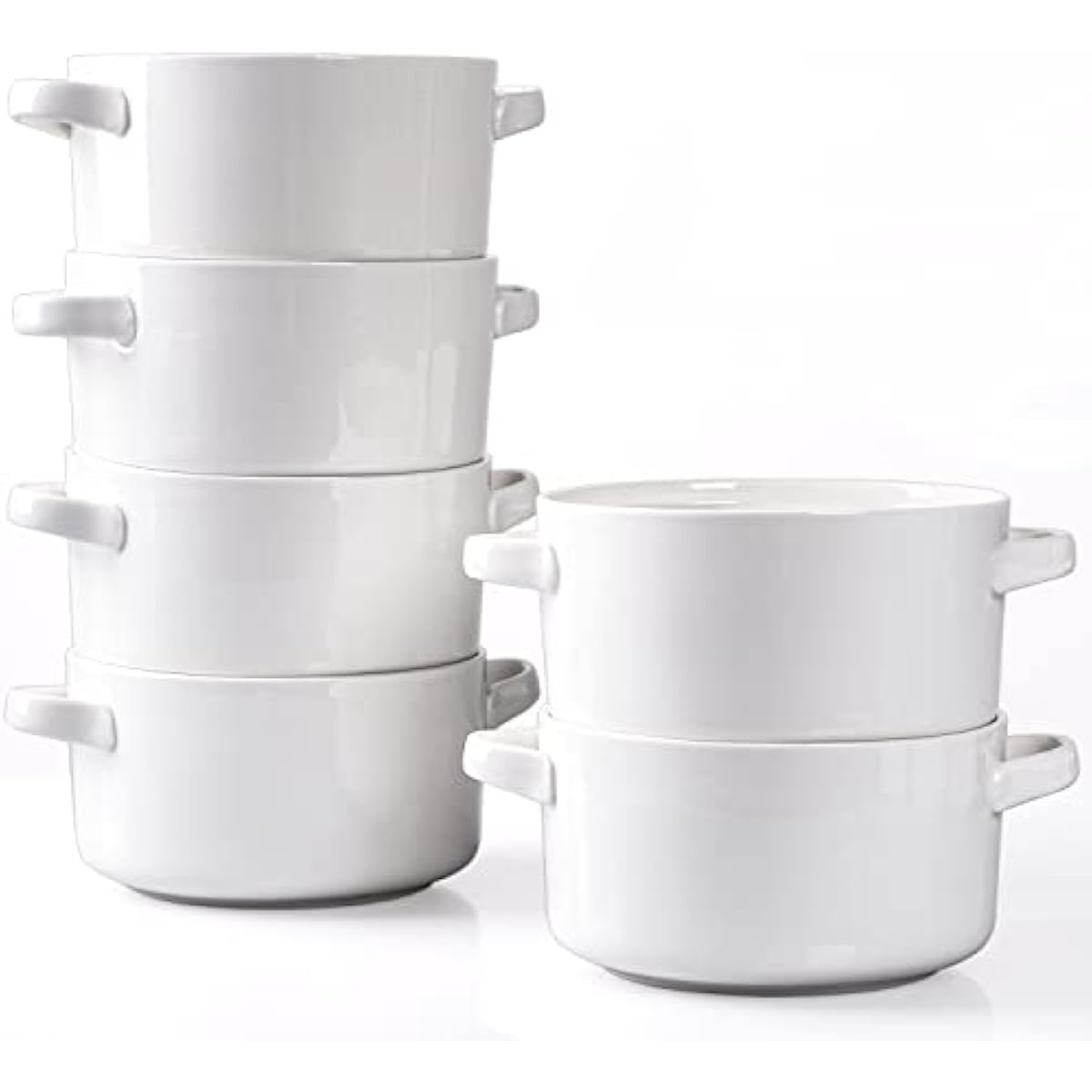 DELLING Soup Bowls with Handles Set of 6, 24 Oz Ceramic French Onion Soup Crocks Oven Safe - Large Soup Mugs for Chili Stew Cereal, Microwave Dishwasher Safe, White