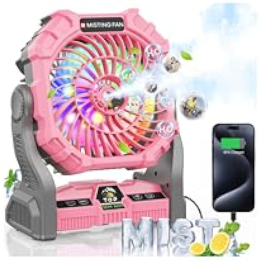 Misting Fan Portable with RGB Lantern, 30000 mAh Rechargeable Camping Mist Fan with Emergency Battery Power Bank Hurricane Supplies, Perfect Cooling Mister for Outdoor Travel
