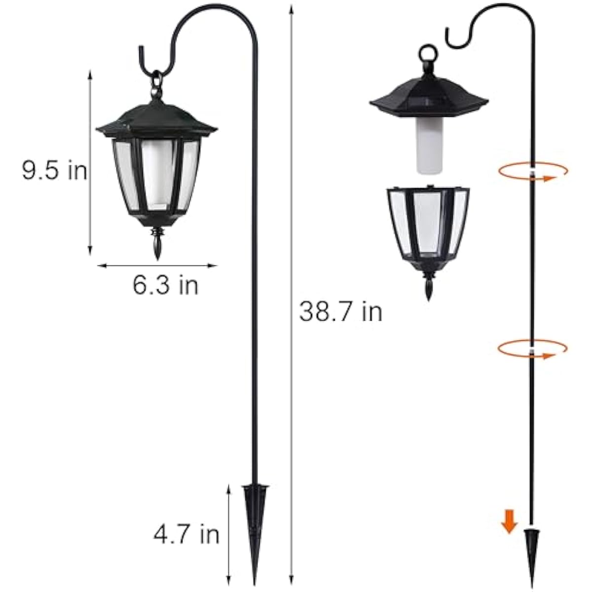 Dynaming 6 Pack Solar Flame Hanging Lights Outdoor, Halloween Solar Flickering Flame LED Garden Lanterns with 6 x 38 Inch Shepherd Hooks, Christmas Lighting for Lawn Patio Yard Pathway Driveway