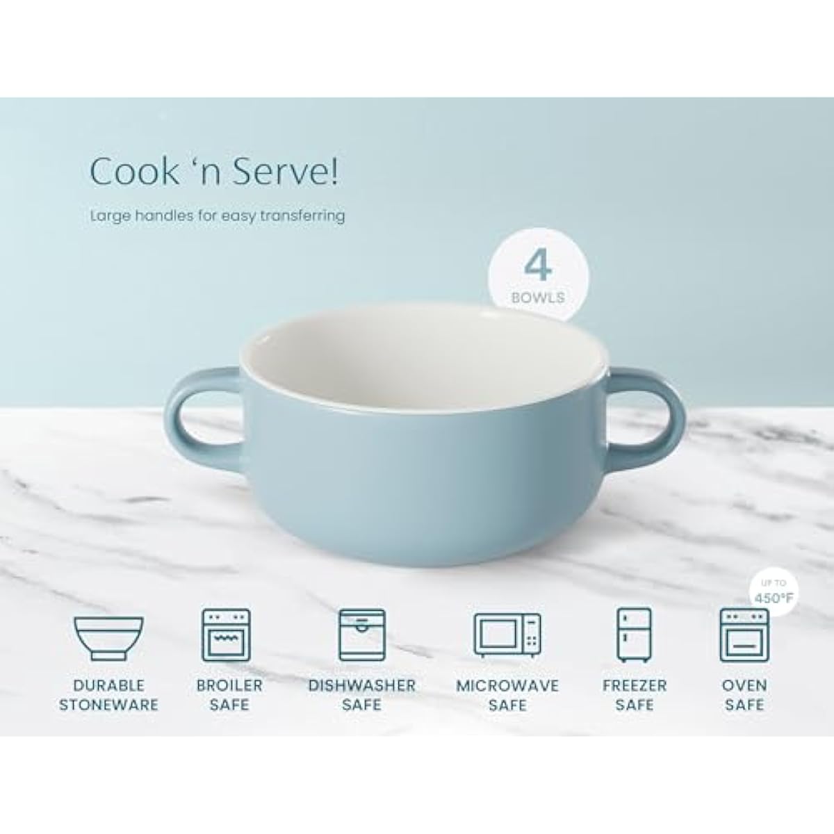 Kook Soup Crocks, Ceramic Bowls, Broil, Oven, Microwave and Dishwasher Safe, with Handles, For Casserole, Pasta, Cereal, 18 oz, Set of 4 (Pale Blue)