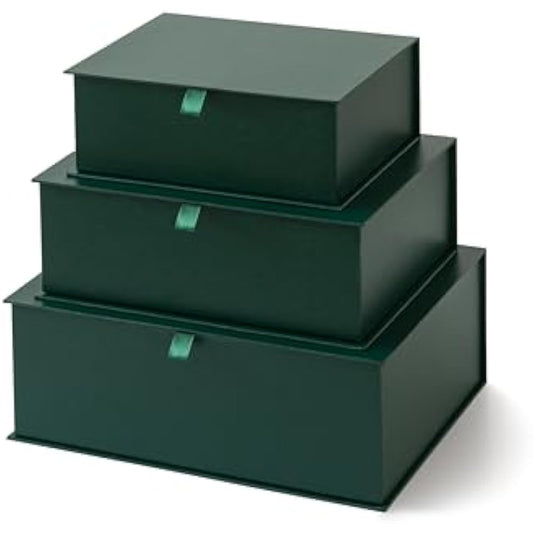 Soul & Lane Decorative Cardboard Storage Boxes with Lids - Set of 3, Memory Boxes for Keepsakes, Stacking Decorative Photo Storage for Pictures and Decor, Forest Green