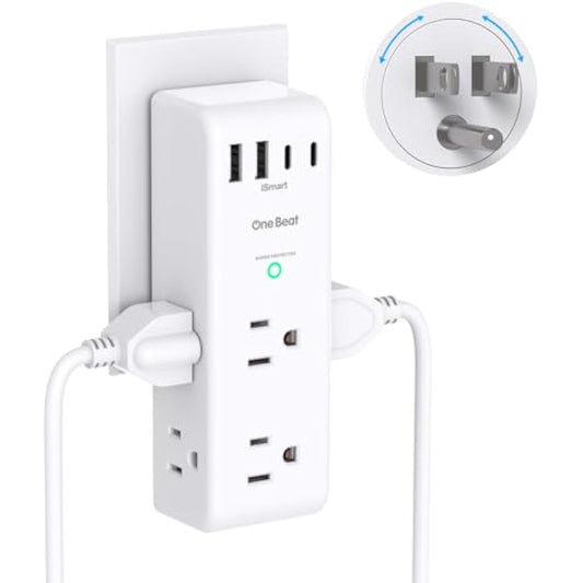 Surge Protector Outlet Extender - with Rotating Plug, 6 AC Multi Plug Outlet with 4 USB Ports (2 USB C), 1800J Wall Charger, 3-Sided Power Strip with Spaced Outlet Splitter for Home, Office, Travel