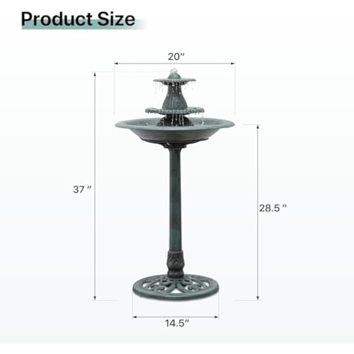 Athena Collection 37'' Height Bird Bath Vintage Pedestal Birdbath Electric Water Fountain with Recirculating Pump Polypropylene Floral Accents 3 Tier Birdbath for Outside, Patio, Garden, Green