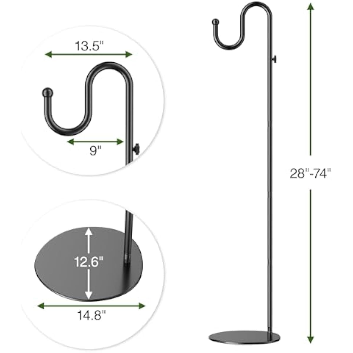 saffruff 74" Shepherds Hook Stand: Hanging Wind Chimes, Bird Feeders, Plants, Lanterns and Wreath, Adjustable Free Standing Pole Holder with Heavy Duty Base for Indoor & Outdoor, Holds Up to 20 LBS