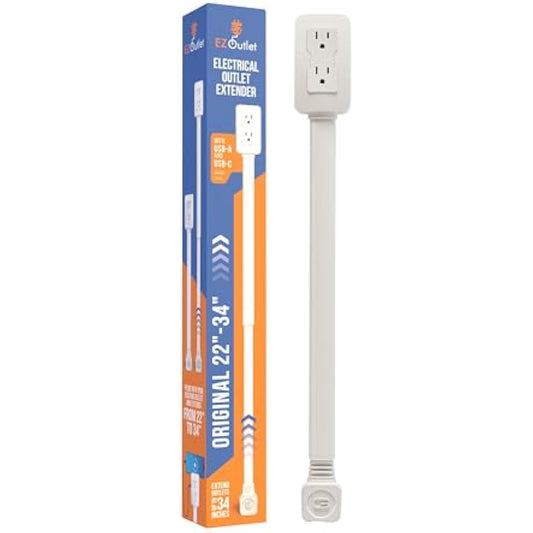 EZ Outlet Electrical Outlet Extender. Access Hard-to-Reach Outlets! Features USB-A, USB-C, and 2 AC Outlets, Extends 22"-34", Rotates 180°. Use Behind Couches, Nightstands, Desks, and More.