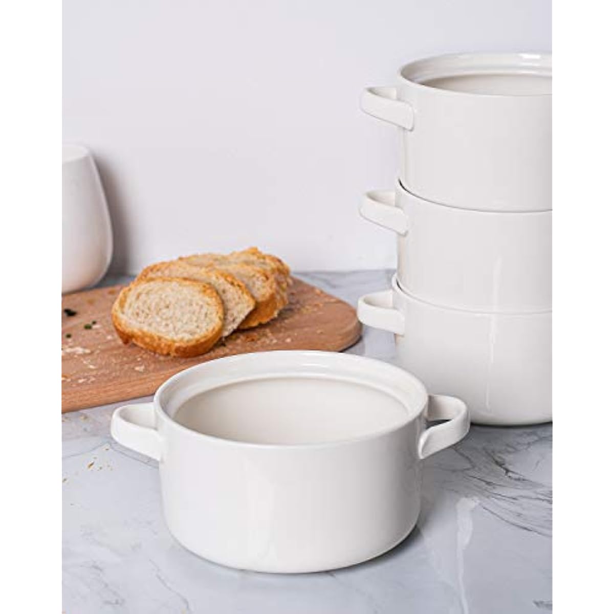 DELLING Soup Bowls with Handles Set of 6, 24 Oz Ceramic French Onion Soup Crocks Oven Safe - Large Soup Mugs for Chili Stew Cereal, Microwave Dishwasher Safe, White