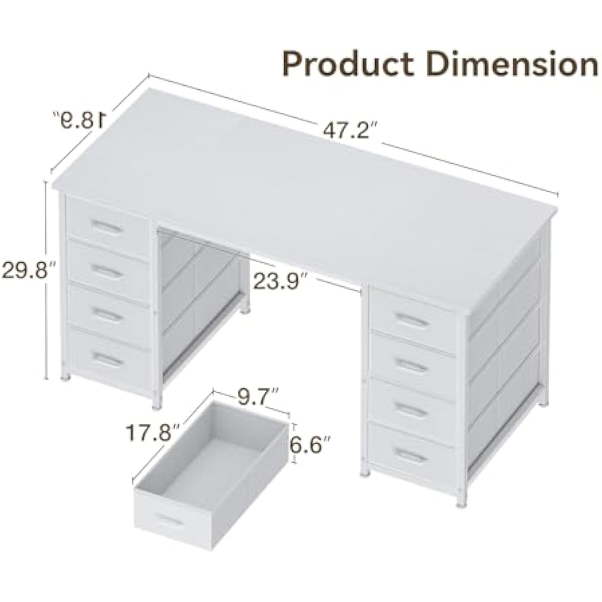ODK 48 Inch White Computer Desk with 8 Fabric Drawers, Modern Office Desk with Large Storage for Home Office, Study, Gaming, White