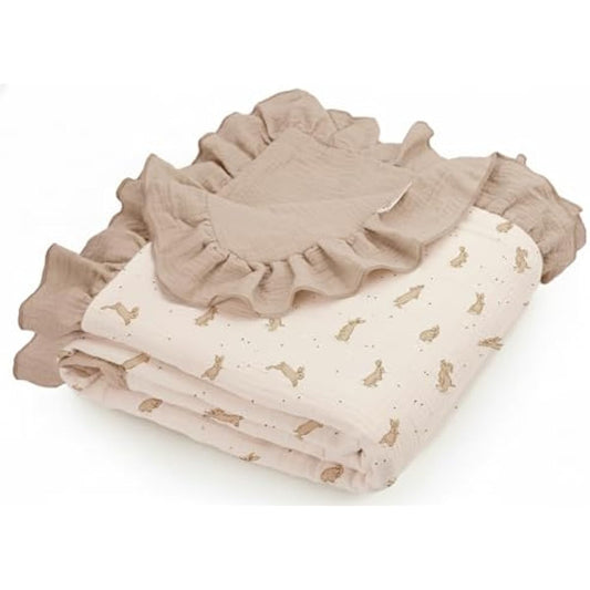 Muslin Ruffled Baby Blanket, Extra Large 52 x 52 Inches, Soft Breathable Cotton Crib Blanket for Newborn Infant Toddler (Hoppy Dreams-Ruffled, Printed)