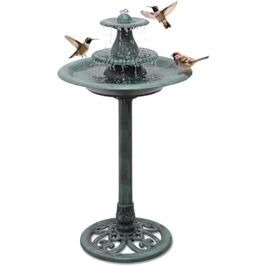 Athena Collection 37'' Height Bird Bath Vintage Pedestal Birdbath Electric Water Fountain with Recirculating Pump Polypropylene Floral Accents 3 Tier Birdbath for Outside, Patio, Garden, Green