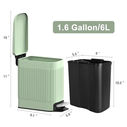 TrashAid Slim Bathroom Trash Can with Lid Soft Close, 6 Liter/1.6 Gallon Stainless Steel Small Garbage Can with Removable Inner Bucket, Step Pedal, Slim Wastebasket for Toilet, Office, Bedroom, Green