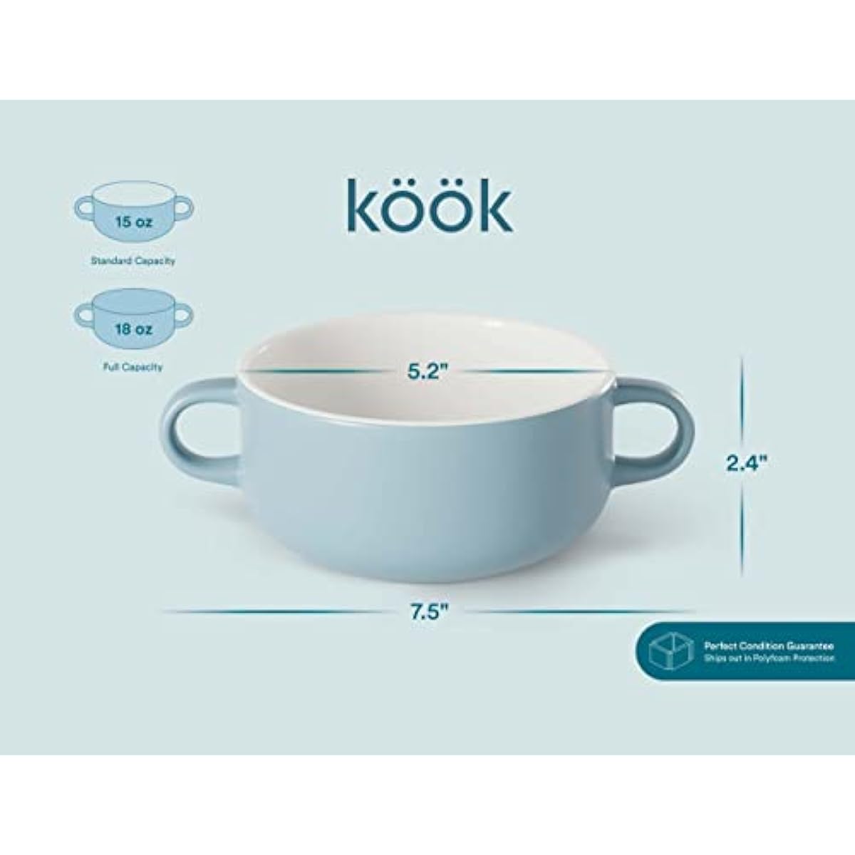 Kook Soup Crocks, Ceramic Bowls, Broil, Oven, Microwave and Dishwasher Safe, with Handles, For Casserole, Pasta, Cereal, 18 oz, Set of 4 (Pale Blue)