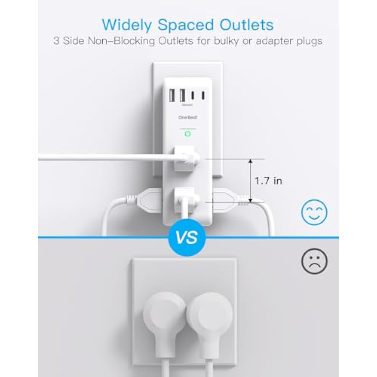 Surge Protector Outlet Extender - with Rotating Plug, 6 AC Multi Plug Outlet with 4 USB Ports (2 USB C), 1800J Wall Charger, 3-Sided Power Strip with Spaced Outlet Splitter for Home, Office, Travel