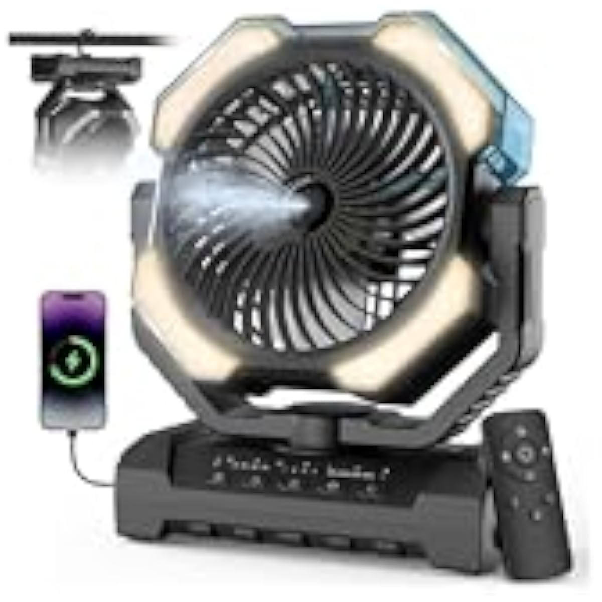 Camping Misting Fan - 24000mAh Portable Battery Powered Fans with 9oz Water Tank, Light, Hook - Rechargeable, 120H Cooling, Last 5H Mist, 4 Speed, Sleep Mode - Outdoor Gear, Travel Essentials