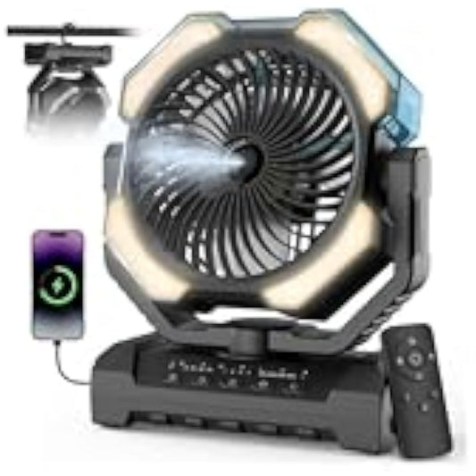Camping Misting Fan - 24000mAh Portable Battery Powered Fans with 9oz Water Tank, Light, Hook - Rechargeable, 120H Cooling, Last 5H Mist, 4 Speed, Sleep Mode - Outdoor Gear, Travel Essentials