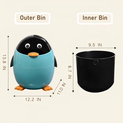 URALFA Penguin Trash Can, 3.2 Gallon Cute Trash Can, Animal Themed Garbage Can with Removable Inner Bucket, Plastic Fun Kids Trash Can for Bedroom, Kids Room, Nursery, Dormitory, Bathroom, Blue