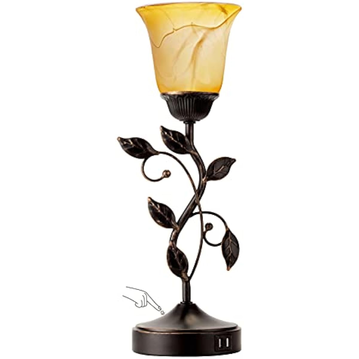 Touch Control Table Lamp with 2 USB Charging Ports, 3-Way Dimmable Bedside Nightstand Lamps, Amber Glass Shade Vintage Rural Leaf Lamp for Living Room, Bedroom, Dresser, LED Bulb Included (Bronze)