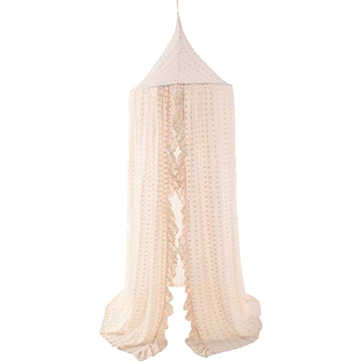 Wonder Space Elegant Kids Bed Canopy - Lace Chiffon Netting with Pom Pom, Princess Girls Fairy Dream Tent, Nursery Room Baby Crib Hanging Curtain Mosquito Net Children Reading Nook Decoration (Beige)