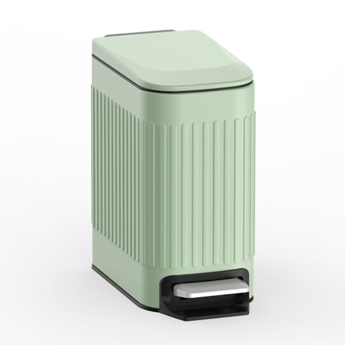 TrashAid Slim Bathroom Trash Can with Lid Soft Close, 6 Liter/1.6 Gallon Stainless Steel Small Garbage Can with Removable Inner Bucket, Step Pedal, Slim Wastebasket for Toilet, Office, Bedroom, Green