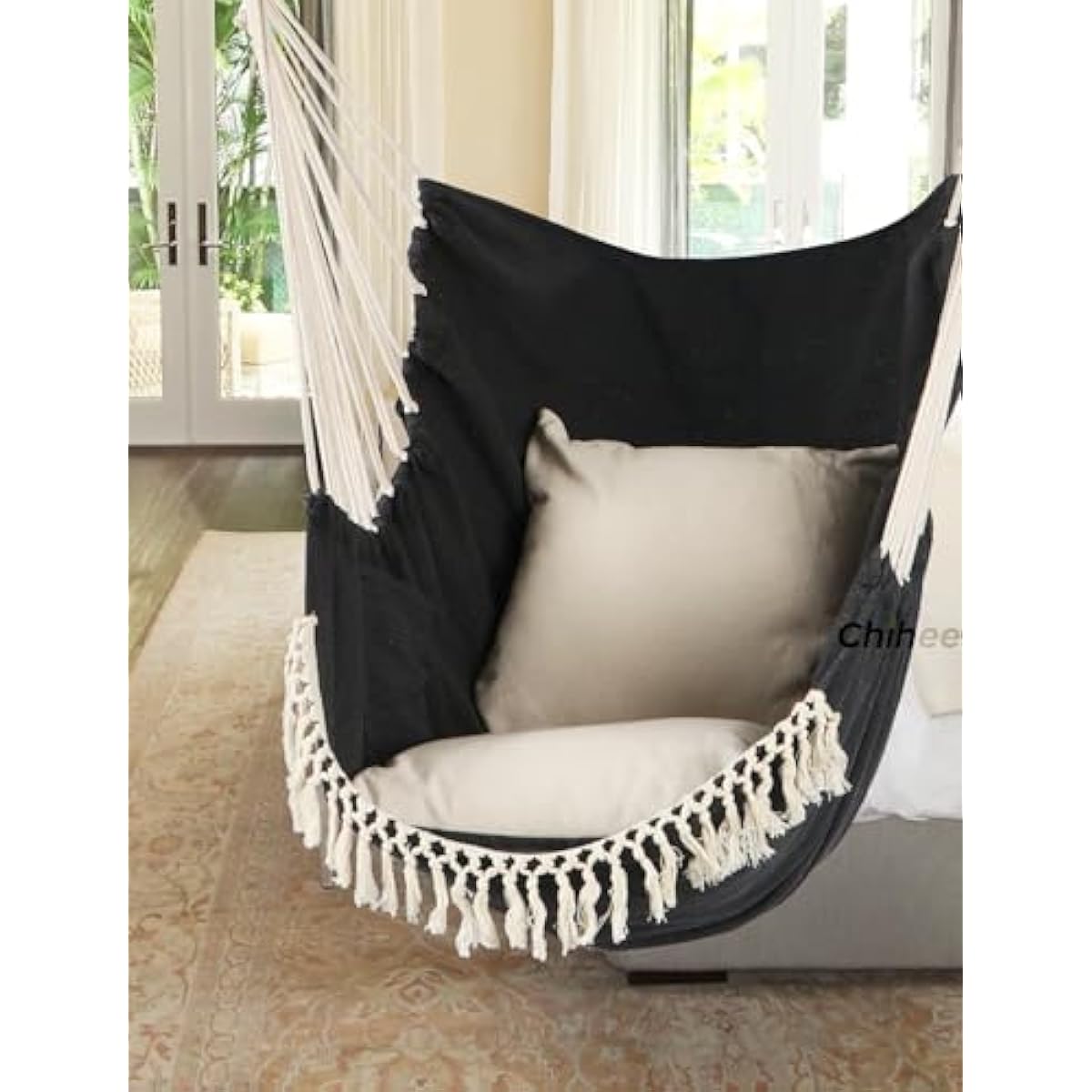 Chihee Hammock Chair Hanging Swing Max 500 Lbs 2 Cushions Included Steel Spreader Bar with Anti-Slip Grooves Portable Hanging Chair Side Pocket Large Macrame Bohemian Chair Indoor Outdoor