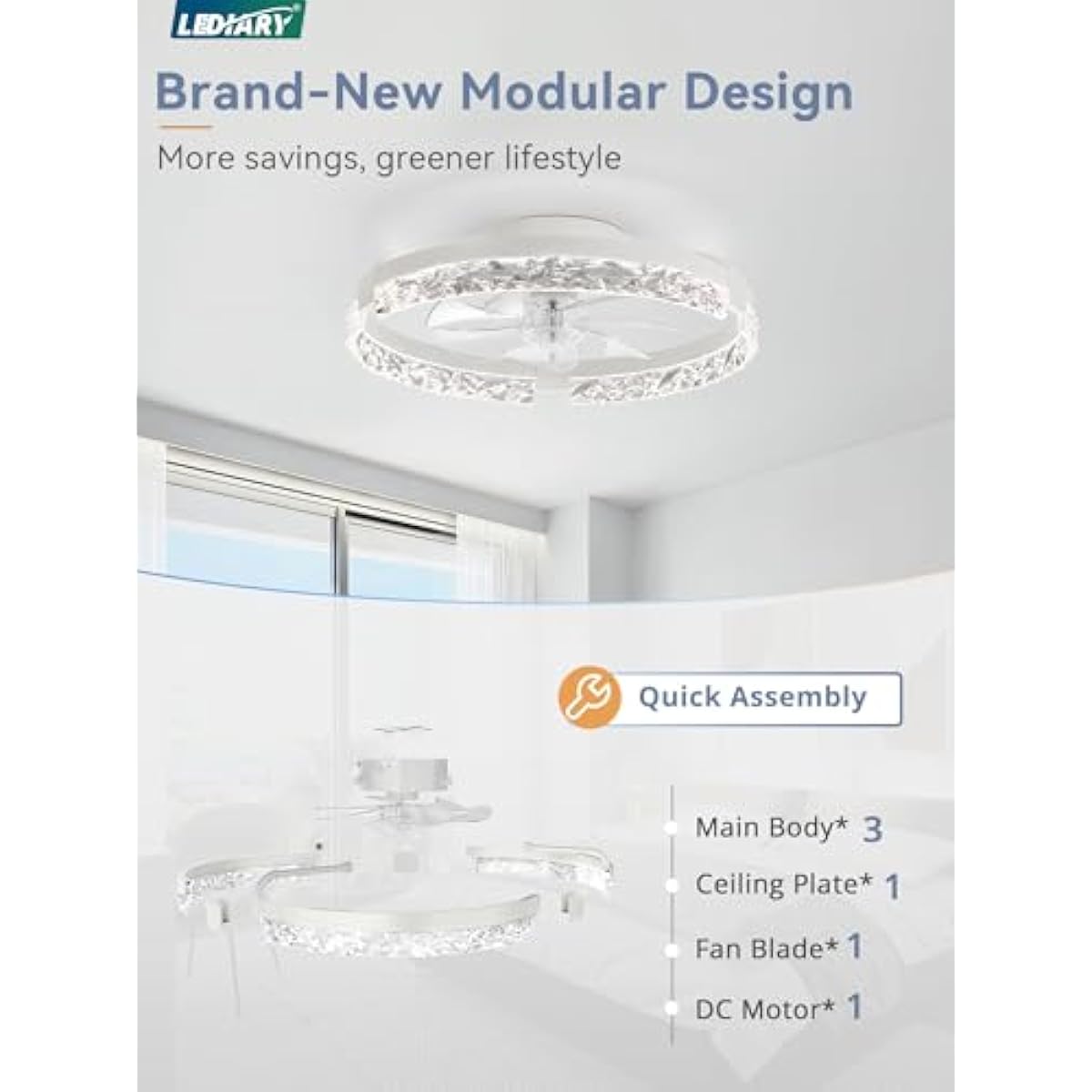LEDIARY 20 Inch Low Profile Ceiling Fans with Lights and Remote, Fandelier Ceiling Fan Flush Mount, 3000K-6000K Dimmable LED Fan Light, White Modern Ceiling Fans with Lights for Bedroom