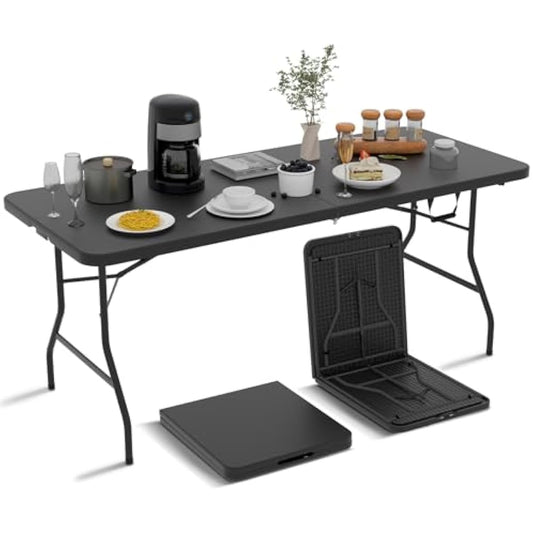 6ft Folding Table - Heavy Duty Portable 6 Foot Plastic Table with Fold-in-Half Design & Carry Handle, Indoor Outdoor Utility Table for Dining, Camping, Parties, Picnics, Tailgating (6FT, Black) ﻿