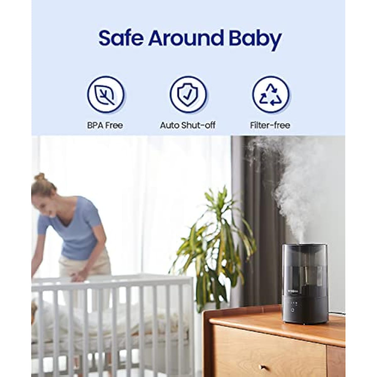 Humidifiers for Bedroom, 2.0L Cool Mist Humidifier for Home Plant and Baby Nursery, Quiet Ultrasonic Humidifier with 360° Nozzle, Auto Shut-Off, Filterless, Black