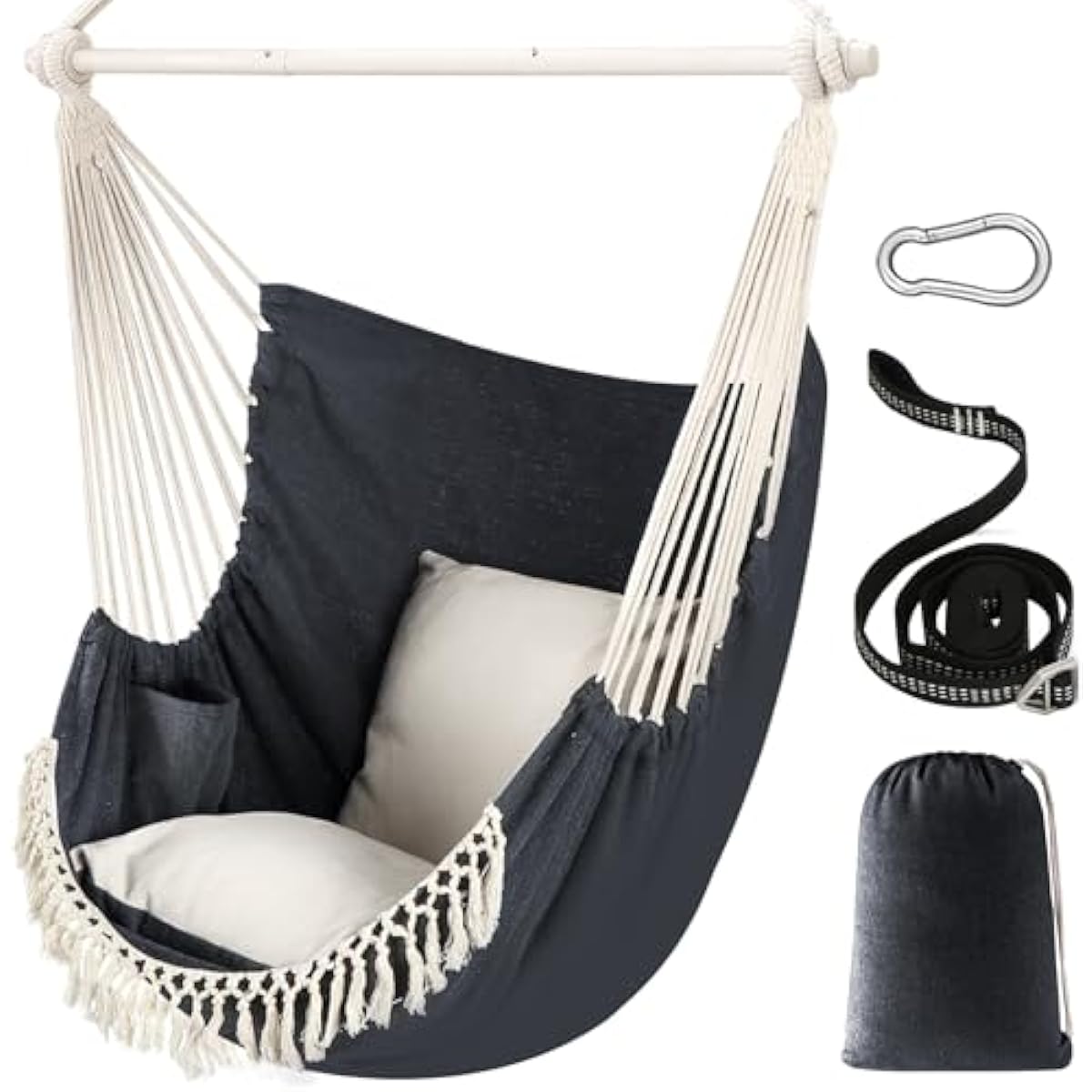 Chihee Hammock Chair Hanging Swing Max 500 Lbs 2 Cushions Included Steel Spreader Bar with Anti-Slip Grooves Portable Hanging Chair Side Pocket Large Macrame Bohemian Chair Indoor Outdoor