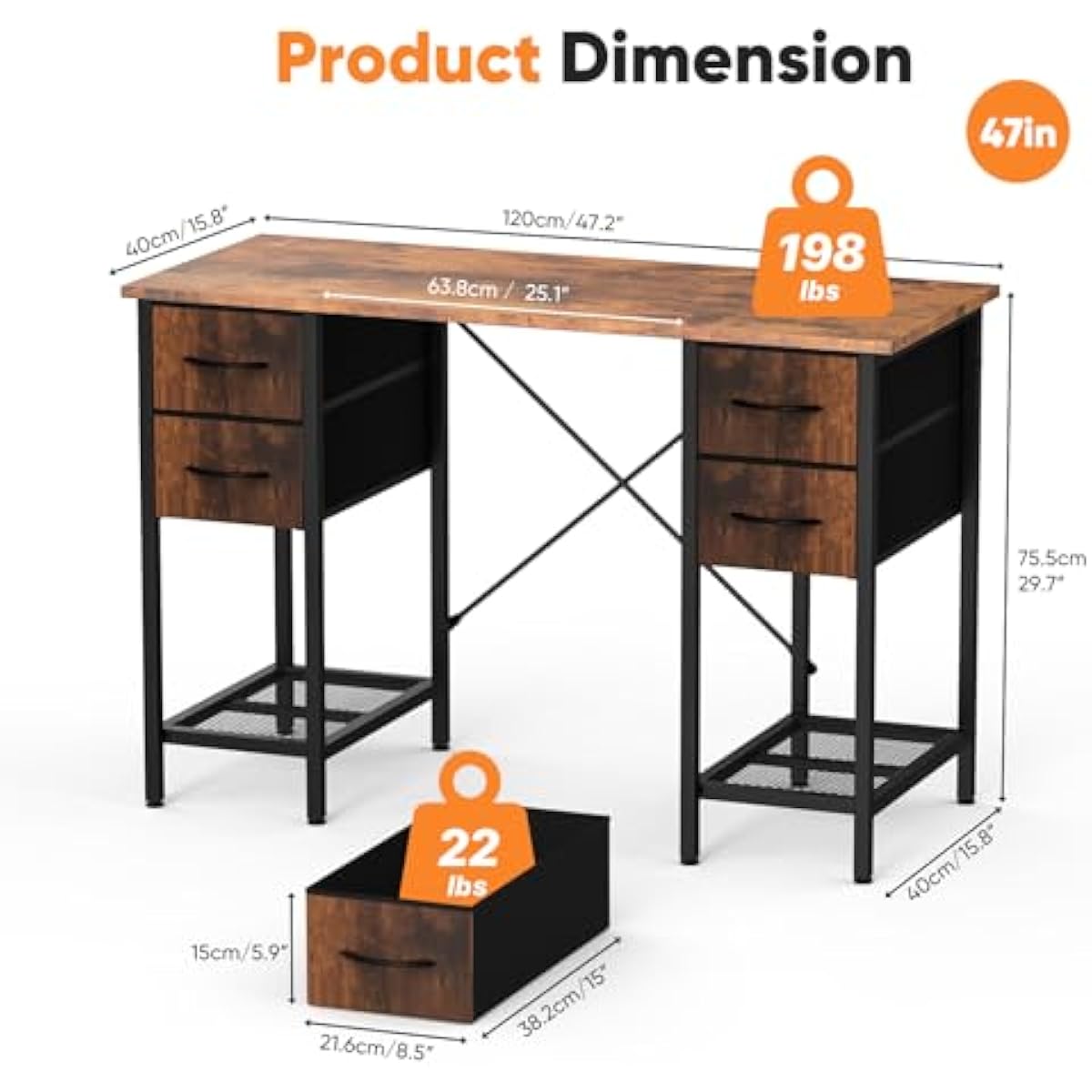 Sweetcrispy Computer Desk with Drawers, 47 Inch Home Office Bedroom Table with 4 Fabric Drawers & 2 Mesh Storage Shelves, Wood Table with X-Shaped Structure for Writing Study PC Desk, Brown