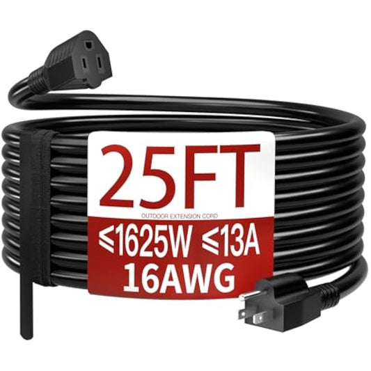 16/3 25 FT Outdoor Extension Cord Waterproof, Weatherproof & Flame Retardant Black 3 Prong Power Cord Outside for Lawn & Garden, 13 Amps 1625 Watts 125 VAC 16AWG SJTW, ETL Listed