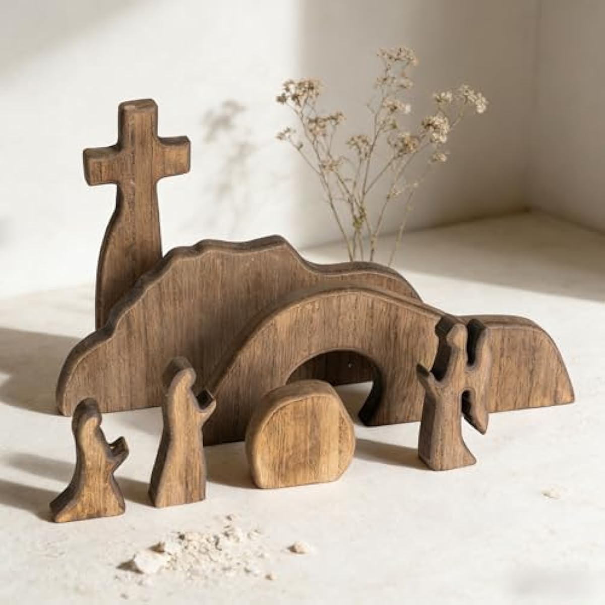 NEROSUN Empty Tomb Easter Scene and Cross Decoration, Wooden Easter Resurrection Scene Cross Jesus Tomb Tray Set, Jesus Nativity Scene Decor for Religious Home Office Tabletop Christian Gifts